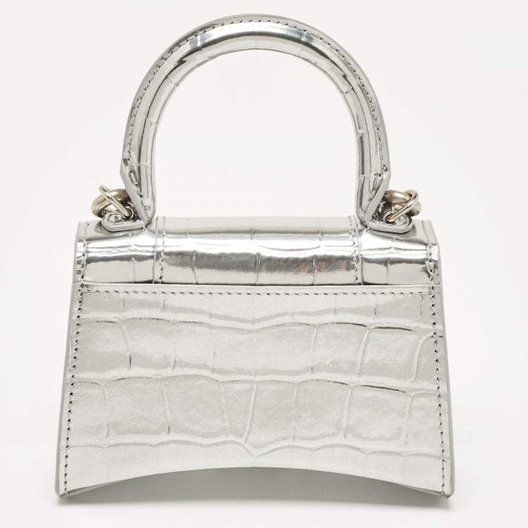 Pre Owned Balenciaga Silver Patent Leather Nano Hourglass Top Handle Bag