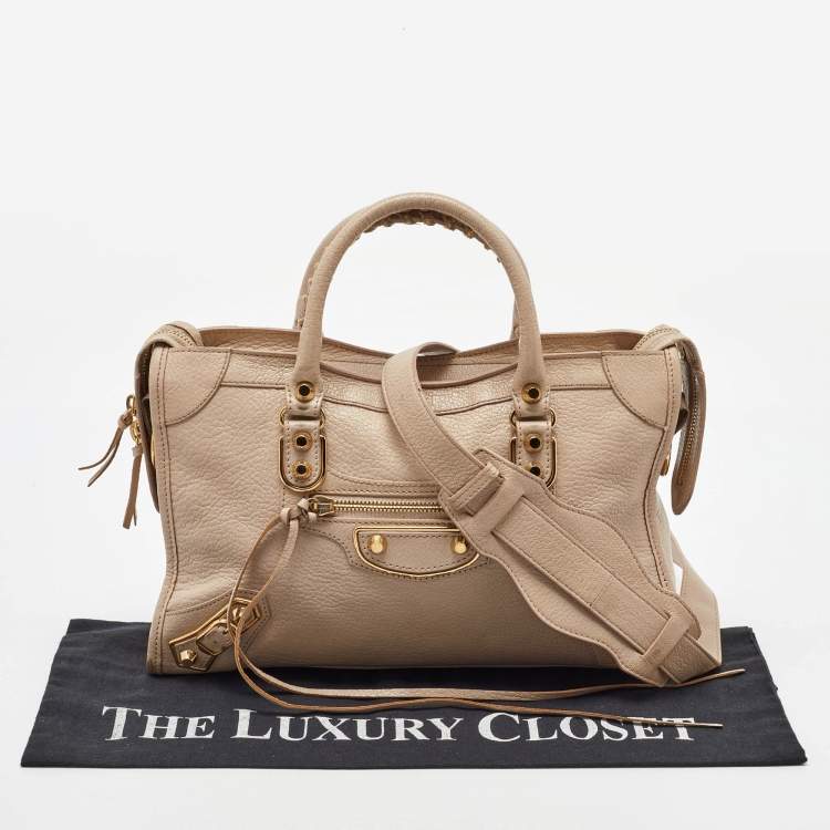 Pre Owned Balenciaga Beige Leather Small Metallic Edge Classic City Tote