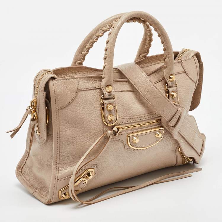 Pre Owned Balenciaga Beige Leather Small Metallic Edge Classic City Tote