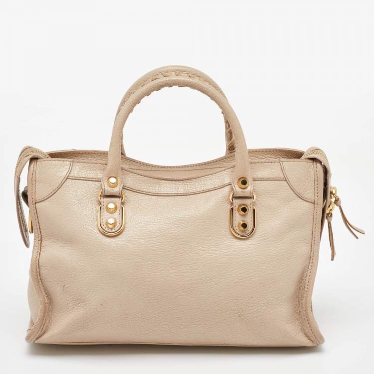 Pre Owned Balenciaga Beige Leather Small Metallic Edge Classic City Tote