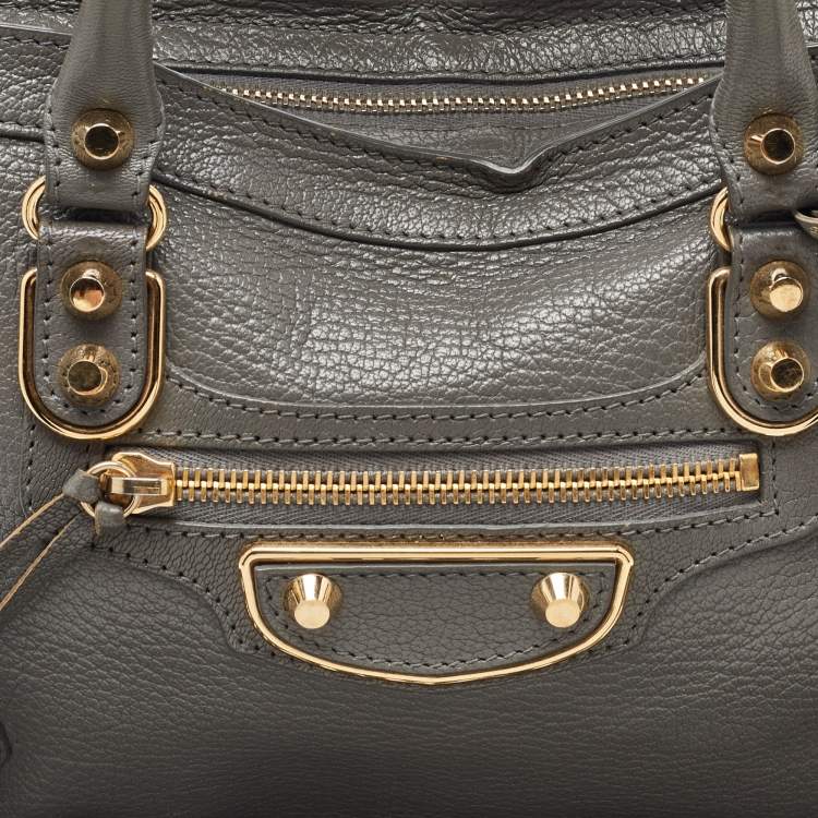 Pre Owned Balenciaga Grey Leather Small Metallic Edge Classic City Tote
