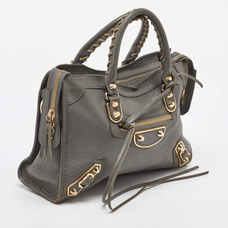 Pre Owned Balenciaga Grey Leather Small Metallic Edge Classic City Tote