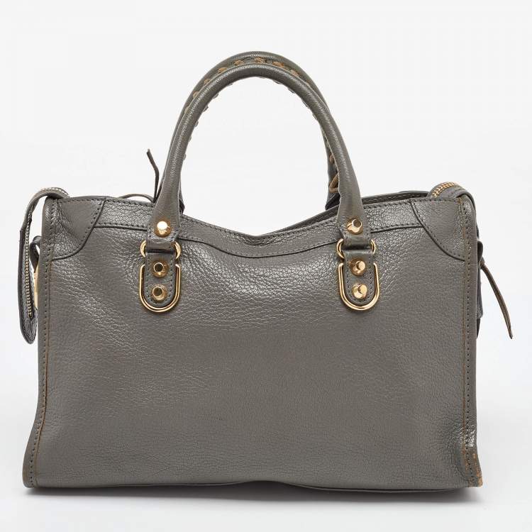 Pre Owned Balenciaga Grey Leather Small Metallic Edge Classic City Tote