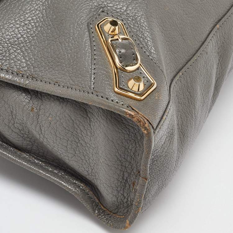 Pre Owned Balenciaga Grey Leather Small Metallic Edge Classic City Tote