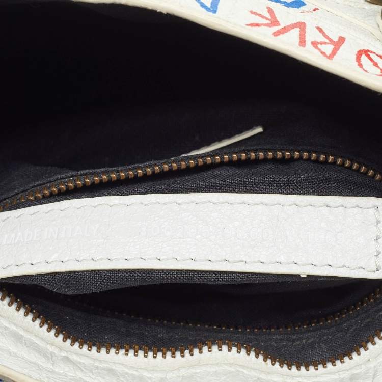 Pre Owned Balenciaga White Leather Graffiti Mini Metallic Edge City Bag