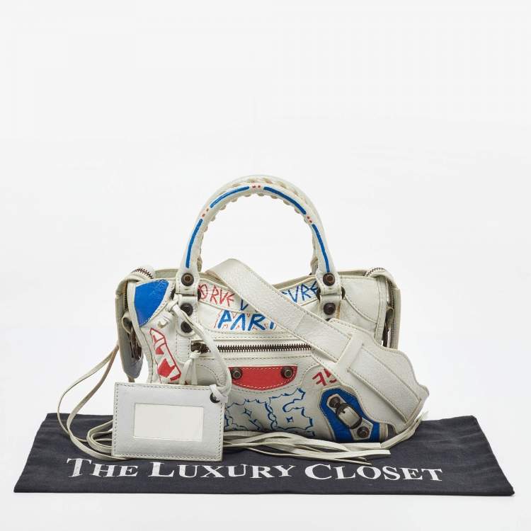 Pre Owned Balenciaga White Leather Graffiti Mini Metallic Edge City Bag