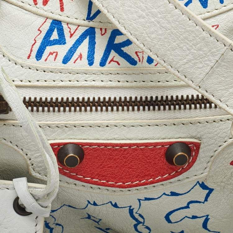 Pre Owned Balenciaga White Leather Graffiti Mini Metallic Edge City Bag
