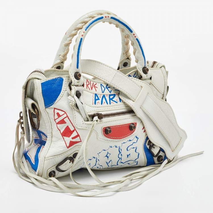 Pre Owned Balenciaga White Leather Graffiti Mini Metallic Edge City Bag