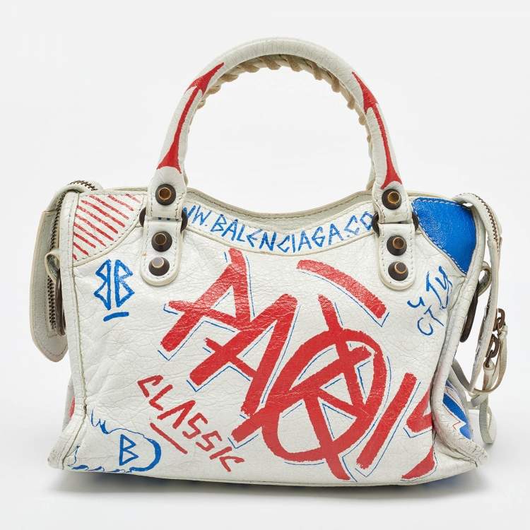 Pre Owned Balenciaga White Leather Graffiti Mini Metallic Edge City Bag