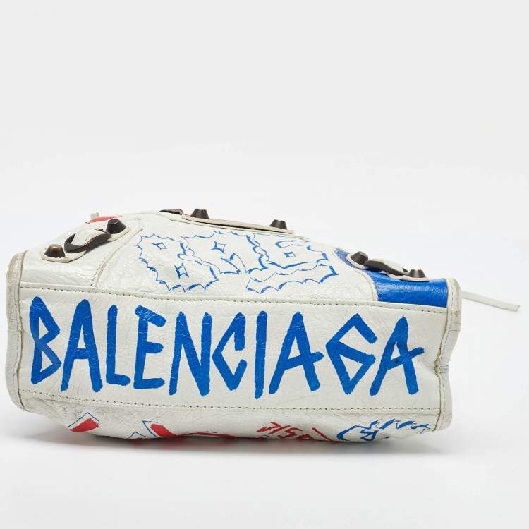 Pre Owned Balenciaga White Leather Graffiti Mini Metallic Edge City Bag