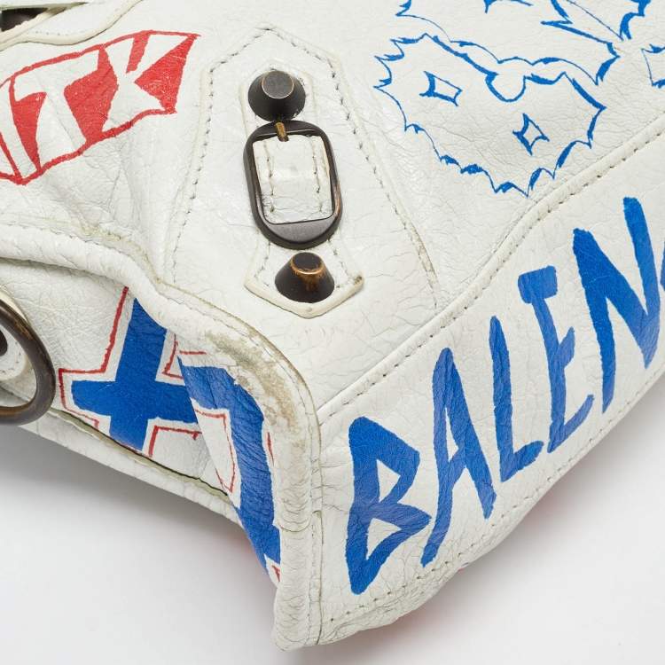 Pre Owned Balenciaga White Leather Graffiti Mini Metallic Edge City Bag