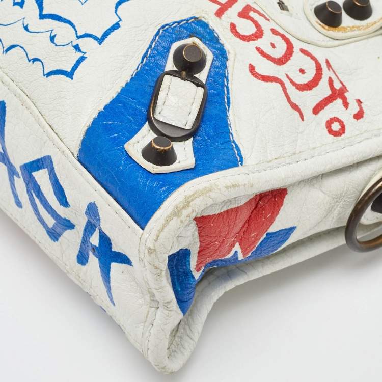 Pre Owned Balenciaga White Leather Graffiti Mini Metallic Edge City Bag