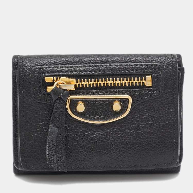 Pre Owned Balenciaga Black Leather Classic Metallic Edge Trifold Wallet