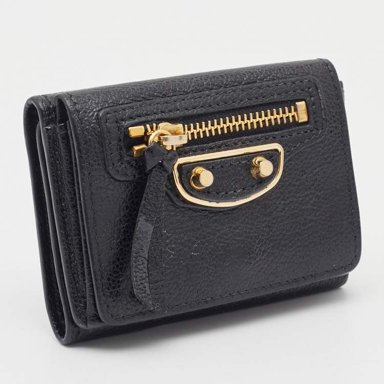 Pre Owned Balenciaga Black Leather Classic Metallic Edge Trifold Wallet