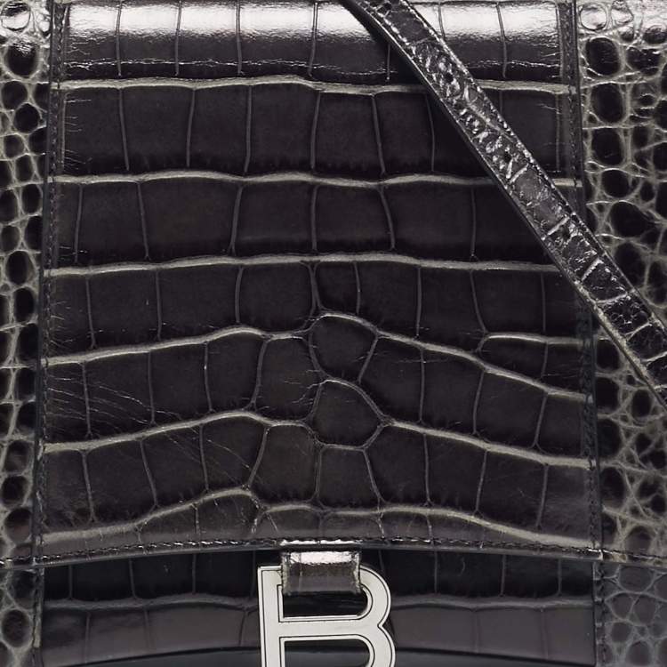 Pre Owned Balenciaga Black Croc Embossed Leather Medium Hourglass Top Handle Bag
