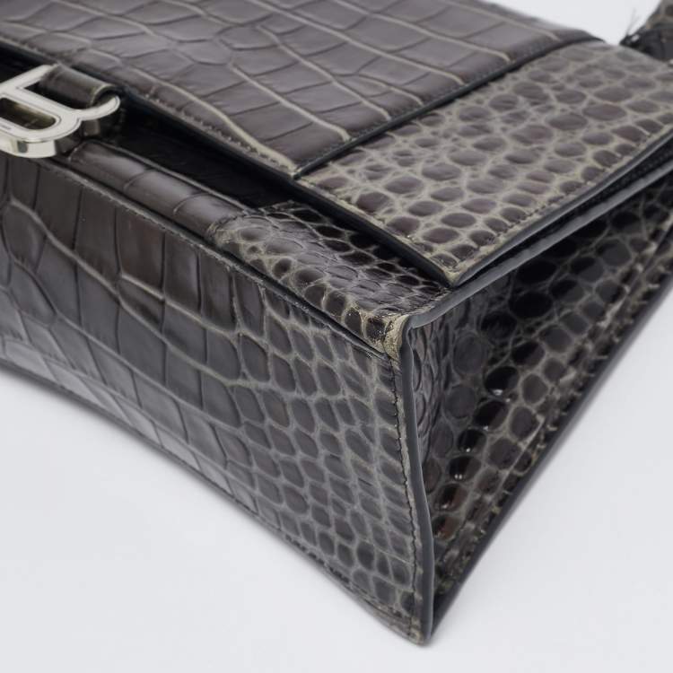 Pre Owned Balenciaga Black Croc Embossed Leather Medium Hourglass Top Handle Bag