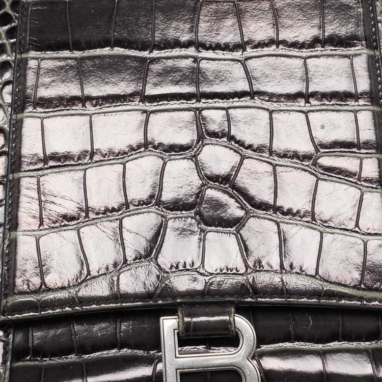 Pre Owned Balenciaga Black Croc Embossed Leather Medium Hourglass Top Handle Bag