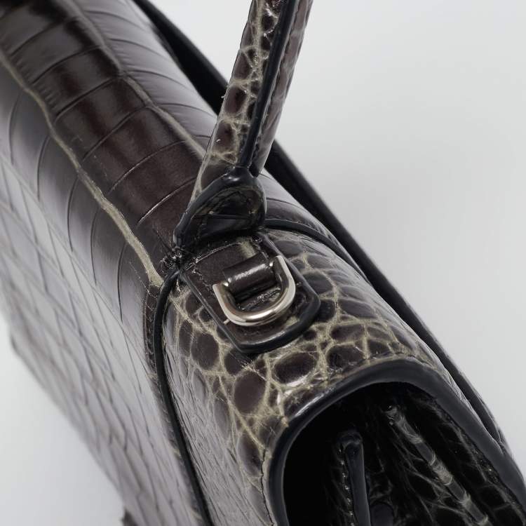 Pre Owned Balenciaga Black Croc Embossed Leather Medium Hourglass Top Handle Bag