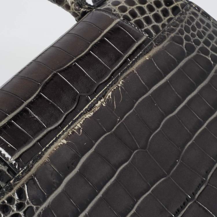 Pre Owned Balenciaga Black Croc Embossed Leather Medium Hourglass Top Handle Bag