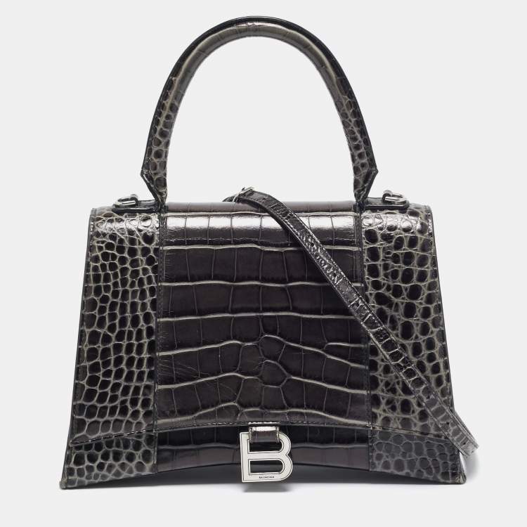 Pre Owned Balenciaga Black Croc Embossed Leather Medium Hourglass Top Handle Bag