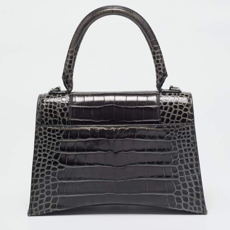 Pre Owned Balenciaga Black Croc Embossed Leather Medium Hourglass Top Handle Bag