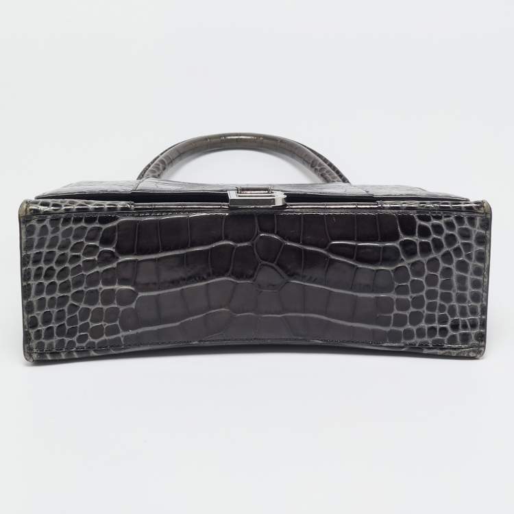 Pre Owned Balenciaga Black Croc Embossed Leather Medium Hourglass Top Handle Bag