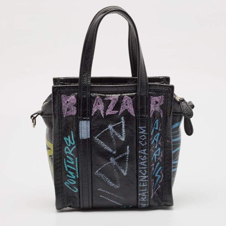 Pre Owned Balenciaga Black Graffiti Printed Leather Bazar Tote