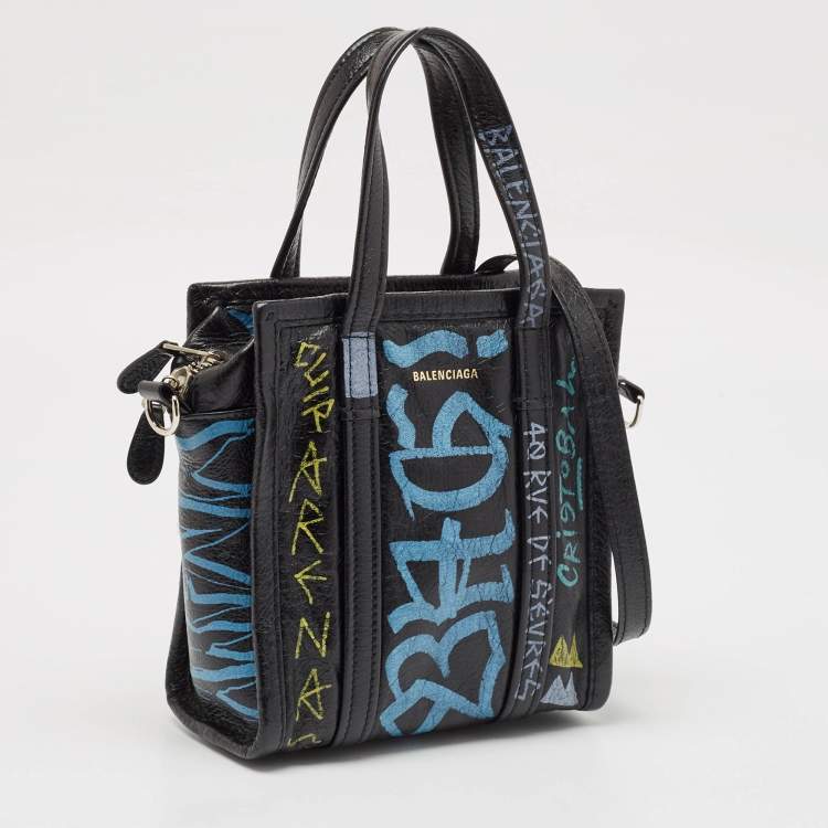 Pre Owned Balenciaga Black Graffiti Printed Leather Bazar Tote