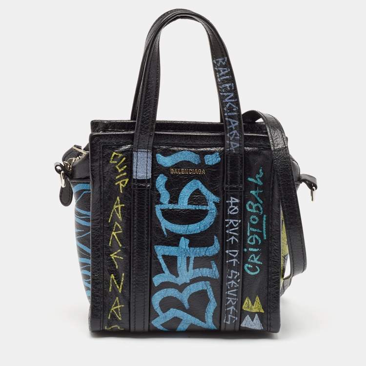 Pre Owned Balenciaga Black Graffiti Printed Leather Bazar Tote