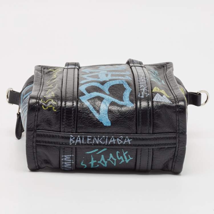 Pre Owned Balenciaga Black Graffiti Printed Leather Bazar Tote