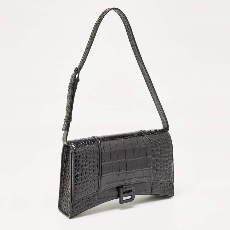 Pre Owned Balenciaga Black Croc Embossed Leather Hourglass Sling Shoulder Bag