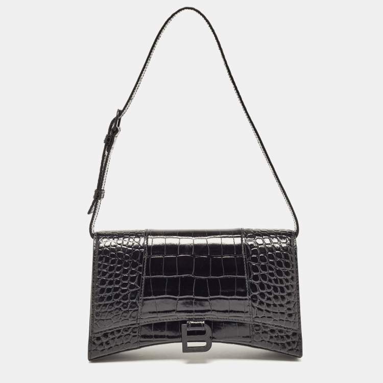 Pre Owned Balenciaga Black Croc Embossed Leather Hourglass Sling Shoulder Bag
