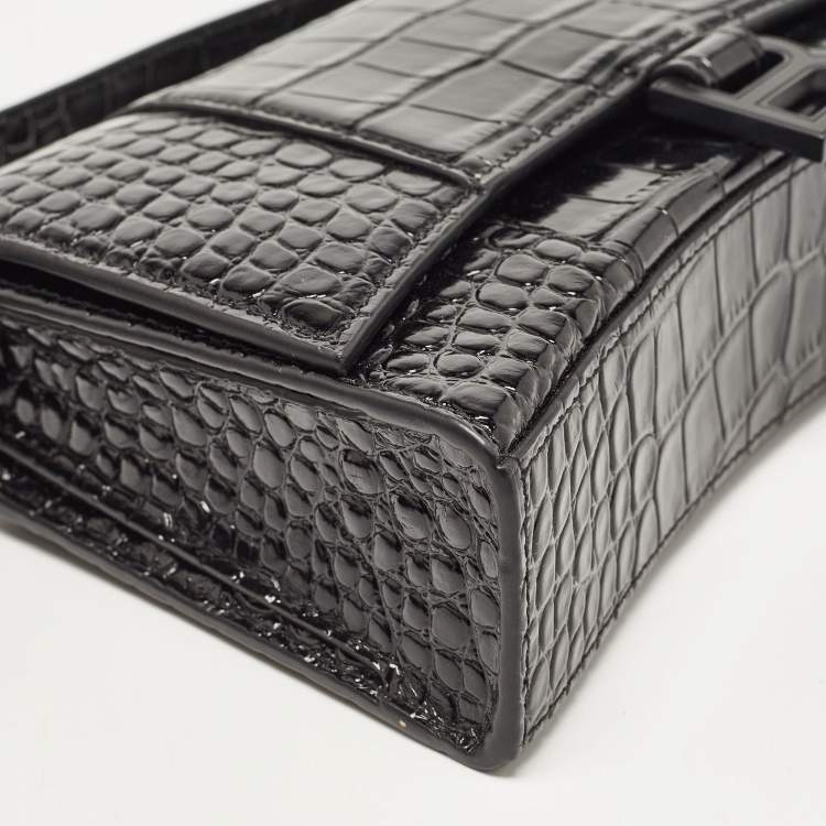 Pre Owned Balenciaga Black Croc Embossed Leather Hourglass Sling Shoulder Bag
