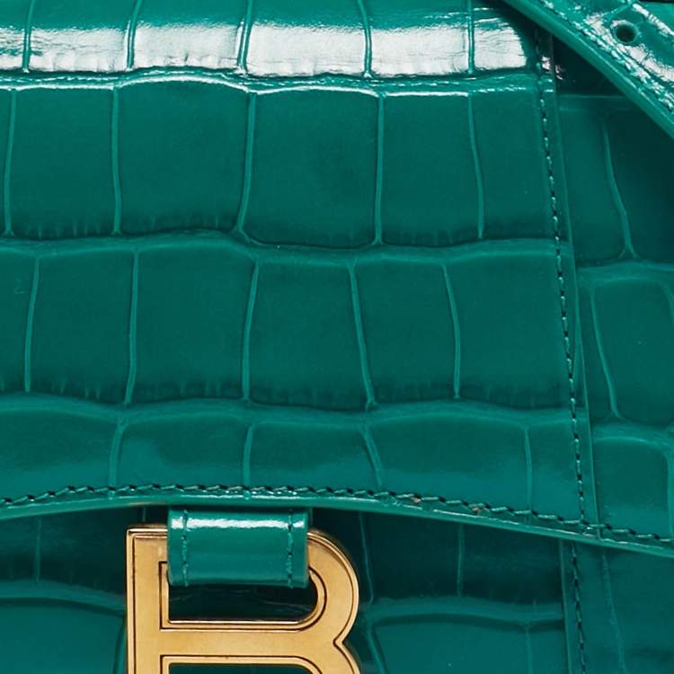 Pre Owned Balenciaga Green Croc Embossed Leather XS Hourglass Top Handle Bag