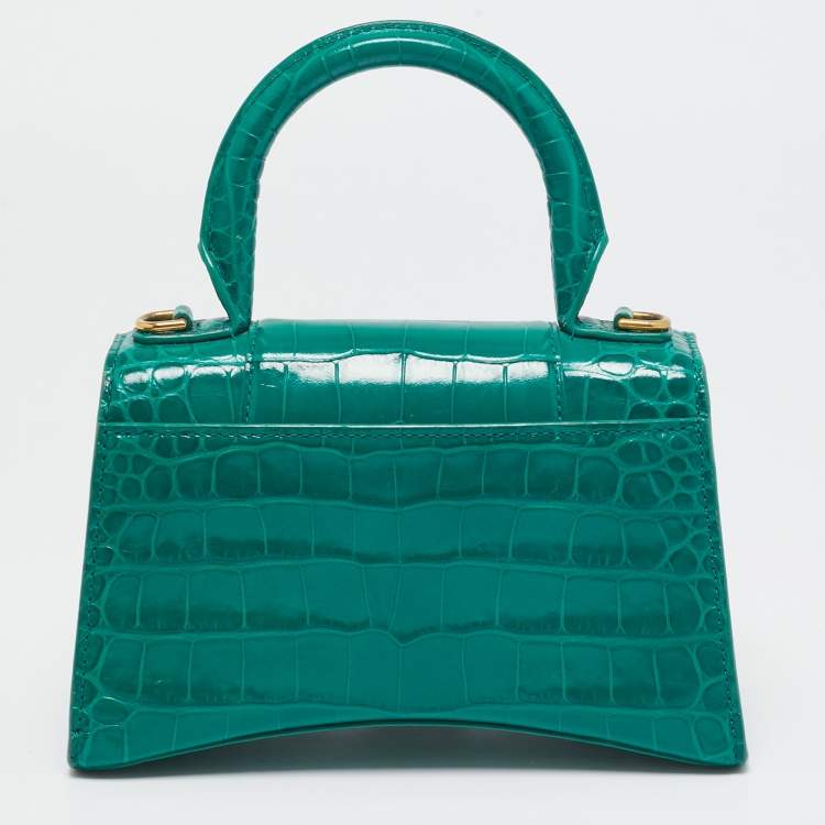 Pre Owned Balenciaga Green Croc Embossed Leather XS Hourglass Top Handle Bag
