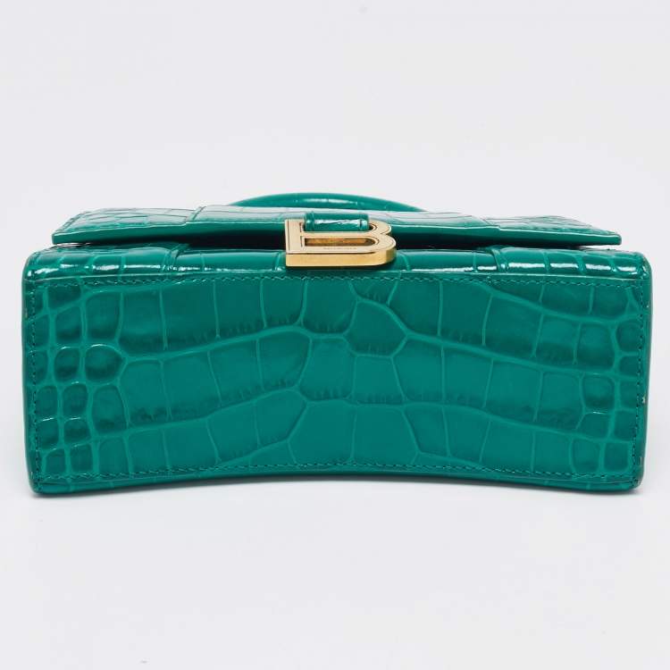 Pre Owned Balenciaga Green Croc Embossed Leather XS Hourglass Top Handle Bag