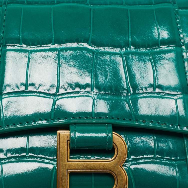 Pre Owned Balenciaga Green Croc Embossed Leather XS Hourglass Top Handle Bag