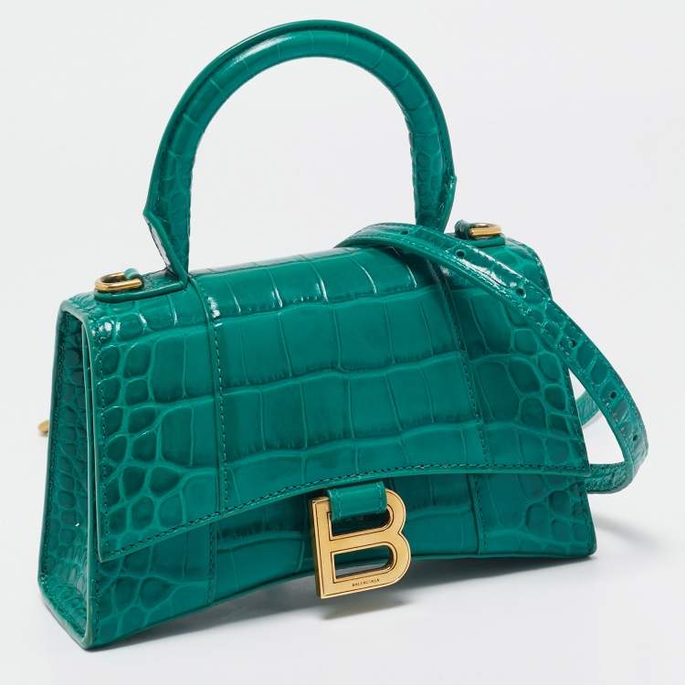 Pre Owned Balenciaga Green Croc Embossed Leather XS Hourglass Top Handle Bag