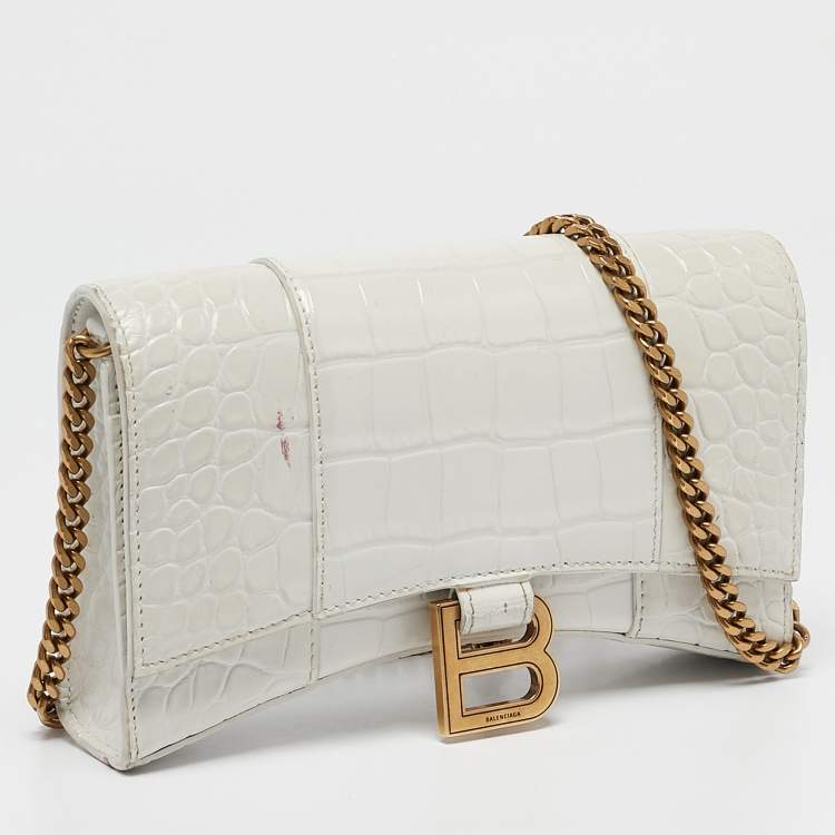 Pre Owned Balenciaga White Croc Embossed Leather Hourglass Wallet on Chain