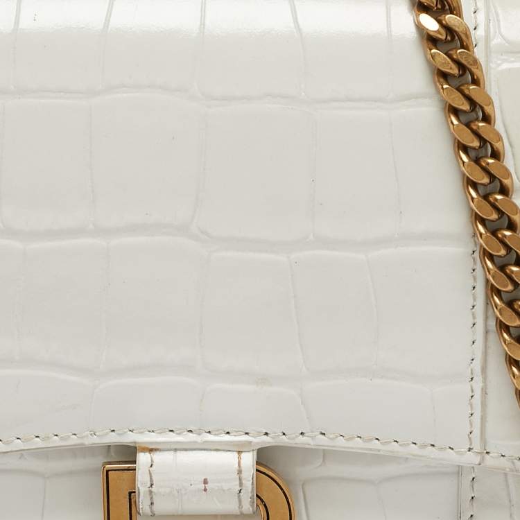 Pre Owned Balenciaga White Croc Embossed Leather Hourglass Wallet on Chain