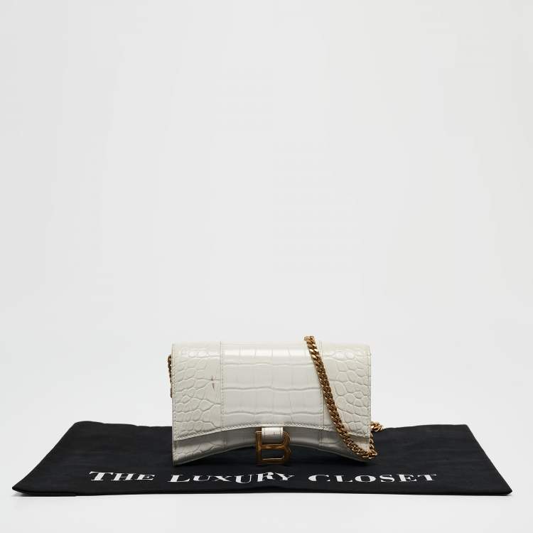 Pre Owned Balenciaga White Croc Embossed Leather Hourglass Wallet on Chain