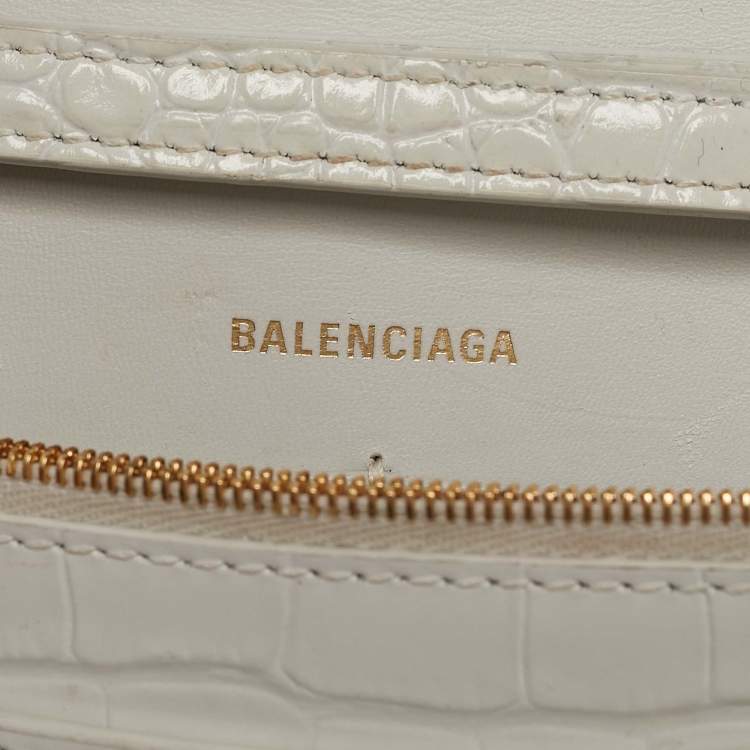 Pre Owned Balenciaga White Croc Embossed Leather Hourglass Wallet on Chain