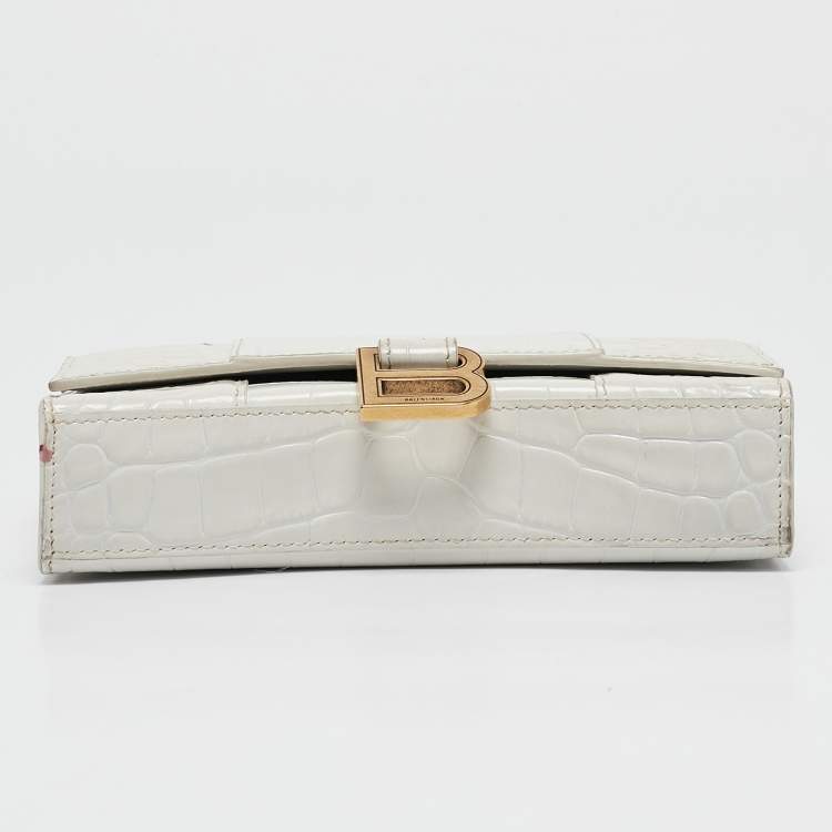 Pre Owned Balenciaga White Croc Embossed Leather Hourglass Wallet on Chain