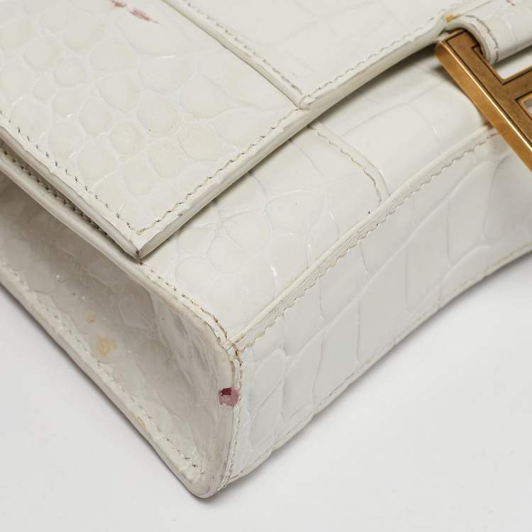 Pre Owned Balenciaga White Croc Embossed Leather Hourglass Wallet on Chain
