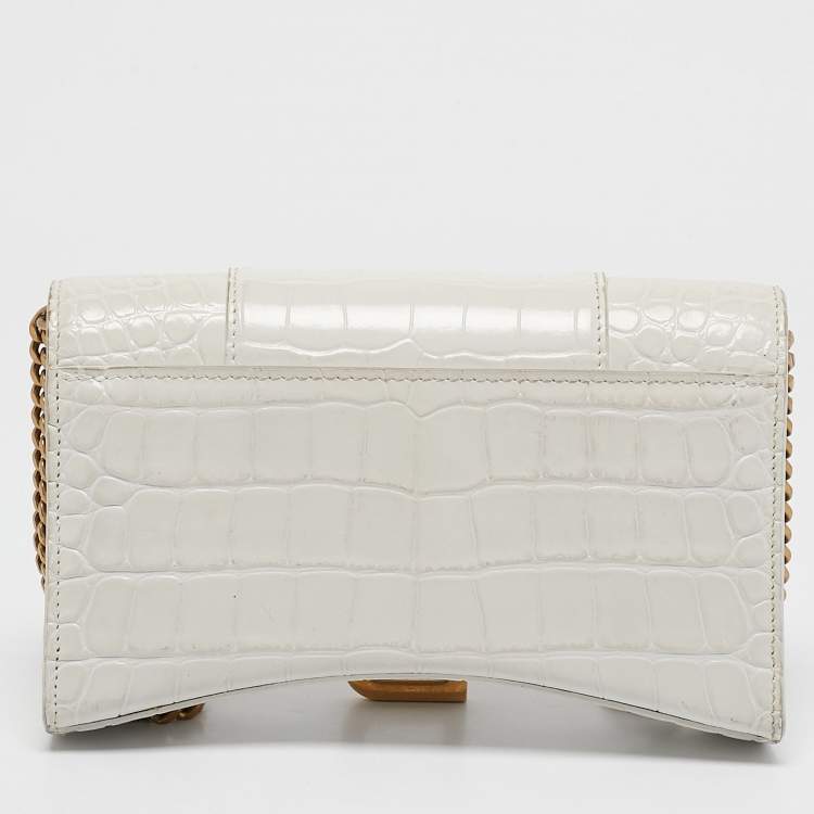Pre Owned Balenciaga White Croc Embossed Leather Hourglass Wallet on Chain
