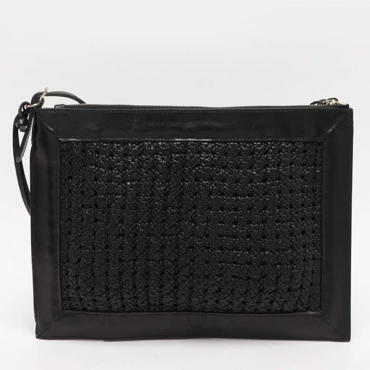 Pre Owned Balenciaga Black Leather Crochet Motorcycle Clutch