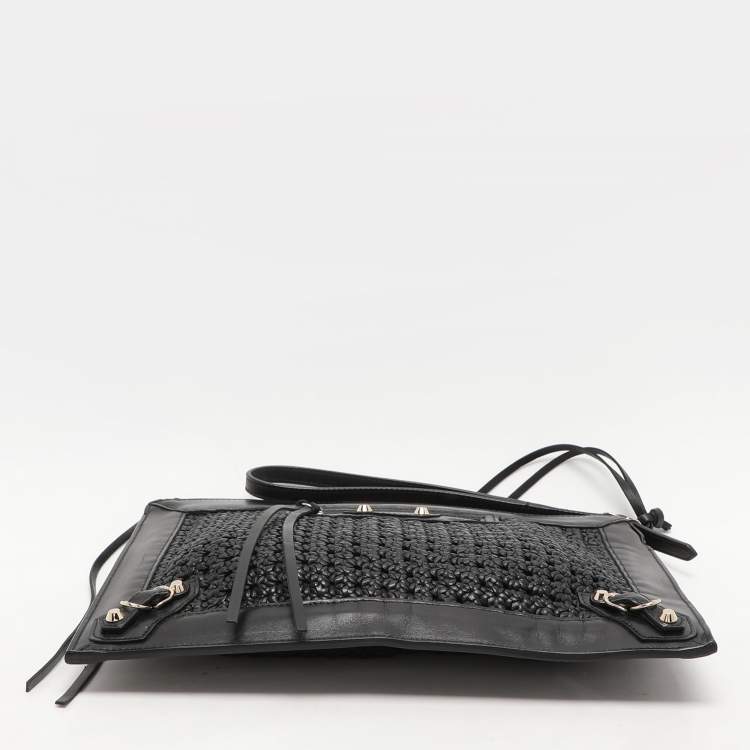 Pre Owned Balenciaga Black Leather Crochet Motorcycle Clutch