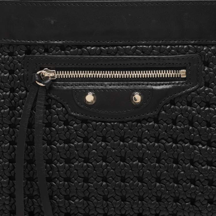 Pre Owned Balenciaga Black Leather Crochet Motorcycle Clutch