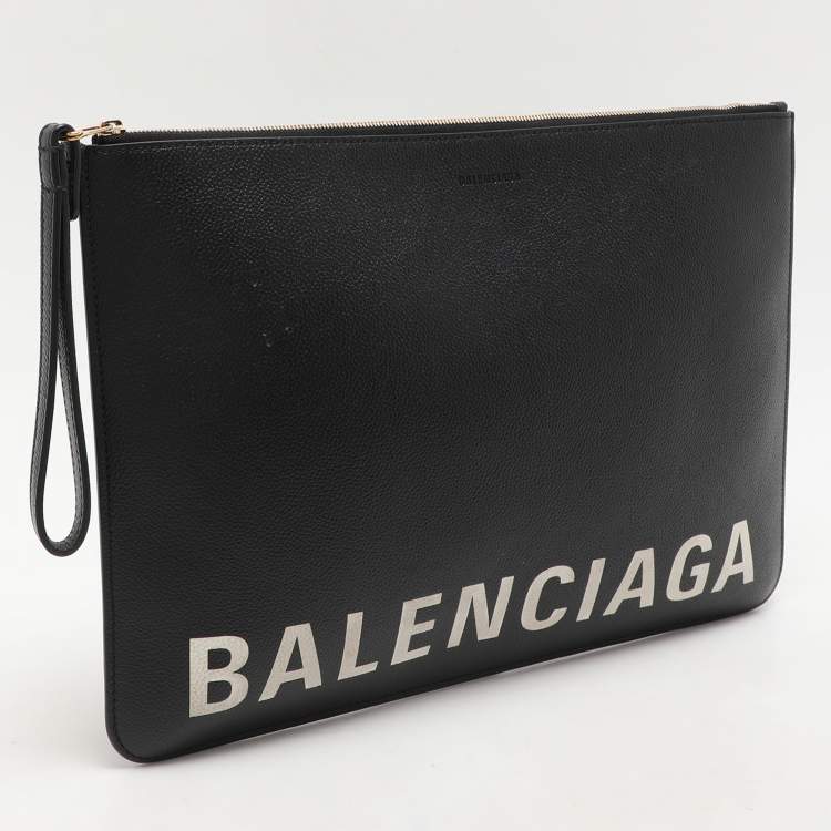 Pre Owned Balenciaga Black Leather Ville Logo Pouch
