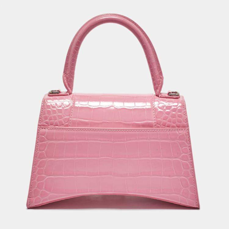 Pre Owned Balenciaga Pink Croc Embossed Leather Small Hourglass Top Handle Bag